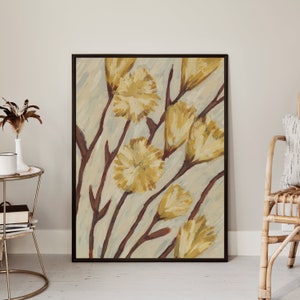 May include: A framed abstract painting featuring a cluster of stylized yellow flowers with brown stems on a light blue background.