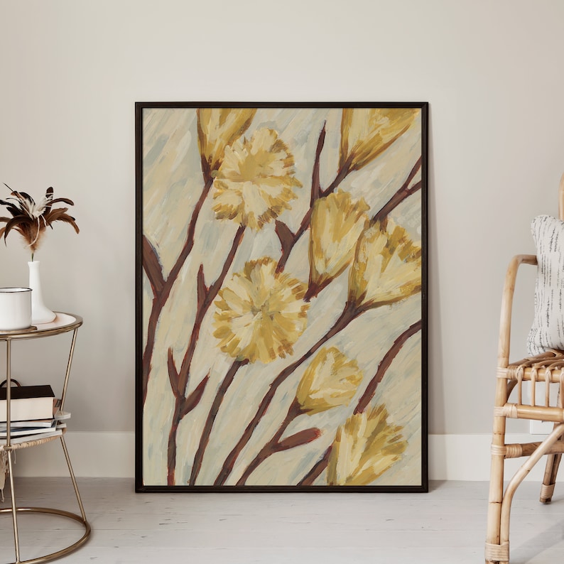 May include: A framed abstract painting featuring a cluster of stylized yellow flowers with brown stems on a light blue background.