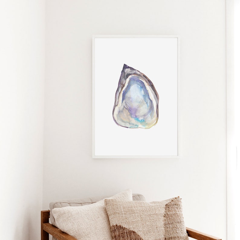 May include: Watercolor painting of a purple and blue seashell with a white background.