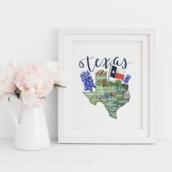 Texas Print State Map Artwork Home State Drawing Hometown Gift Idea Illustration Wall Art Print