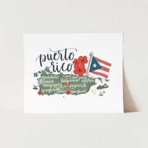 May include: A stylized map of Puerto Rico with the words "puerto rico" in cursive script above the map. The map is green with the names of cities and towns in black text. The flag of Puerto Rico is in the upper right corner of the map. The map is surrounded by red hibiscus flowers.