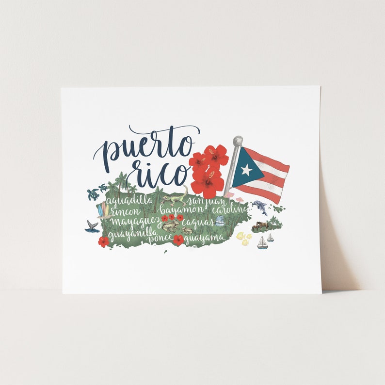 May include: A stylized map of Puerto Rico with the words "puerto rico" in cursive script above the map. The map is green with the names of cities and towns in black text. The flag of Puerto Rico is in the upper right corner of the map. The map is surrounded by red hibiscus flowers.