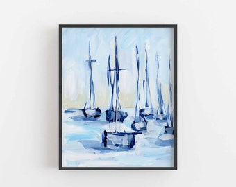 Sailboat Print Modern Coastal Home Decor Nautical Bathroom Artwork Sailing Wall Art | "The Mooring" - Art Print or Canvas