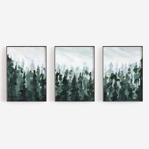 Pine Tree Art Winter Green & White Mountain Decor Modern Triptych | "Forest Pine Tree Line Painting" - Set of 3 - Art Prints or Canvases