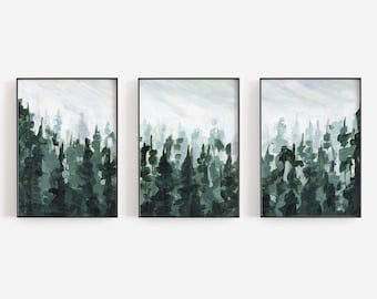 Pine Tree Art Winter Green & White Mountain Decor Modern Triptych | "Forest Pine Tree Line Painting" - Set of 3 - Art Prints or Canvases