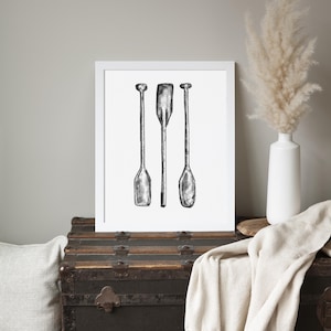 Canoe Paddle Illustration | Nautical Wall Poster for Lake House Life Decor | &quot;Black + White Canoe Illustration&quot; - Art Print or Canvas