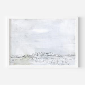 May include: A black and white minimalist landscape painting with a light gray background. The painting depicts a row of trees in the distance with a field of grass in the foreground.