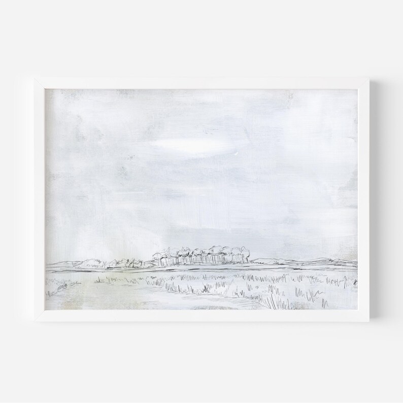 May include: A black and white minimalist landscape painting with a light gray background. The painting depicts a row of trees in the distance with a field of grass in the foreground.