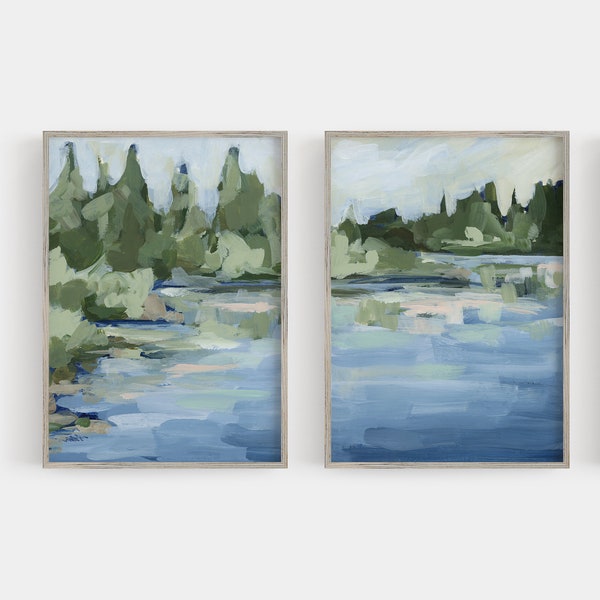 Lake Landscape Artwork Lakescape Painting Modern Lakefront Home Decor Diptych Art | "Lakefront Views" - Set of 2  - Art Prints or Canvases