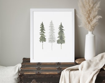 Scandinavian Winter Decor | Pine Tree Art, Evergreen Nordic Christmas Forest Wall Art | &quot;Minimalist Pine Tree Trio&quot; - Art Print or Canvas