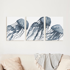 Jellyfish Watercolor Painting Navy Blue Bathroom Decor Triptych | "Blue Jellyfish Painting Triptych" - Set of 3  - Art Prints or Canvases