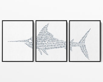 Swordfish Art Coastal Nursery Decor Nautical Sailfish Marlin Triptych | "Swordfish Modern Illustration" - Set of 3 - Art Prints or Canvases