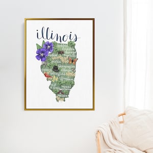 illinois Bundesstaat Karte | Illustrierte Heimatstadt Wahrzeichen für Chicago, Haus Geschenk Kunst | Kunstdruck oder Leinwand