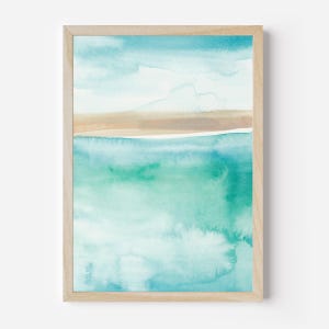May include: A watercolor painting of a seascape with a light blue sky, white clouds, a brown sand beach, and turquoise blue water.