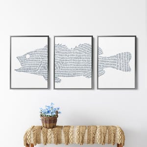 Large Mouth Bass Triptych Wall Art | Modern Lake House Decor, Gift for Fishermen | &quot;Largemouth Bass Lake Fish&quot; - Set of 3 Prints or Canvases