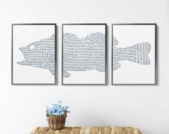 Large Mouth Bass Triptych Wall Art | Modern Lake House Decor, Gift for Fishermen | &quot;Largemouth Bass Lake Fish&quot; - Set of 3 Prints or Canvases