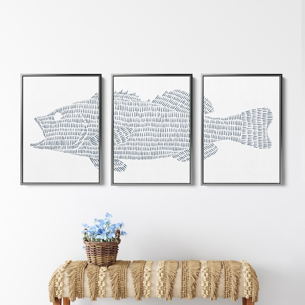 Large Mouth Bass Triptych Art | Modern Lake Decor - Set of 3 Prints or Canvases
