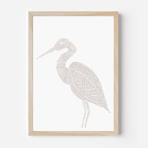 May include: A framed print of a stylized heron in a light brown color. The heron is outlined with a series of thin lines that create a textured effect.