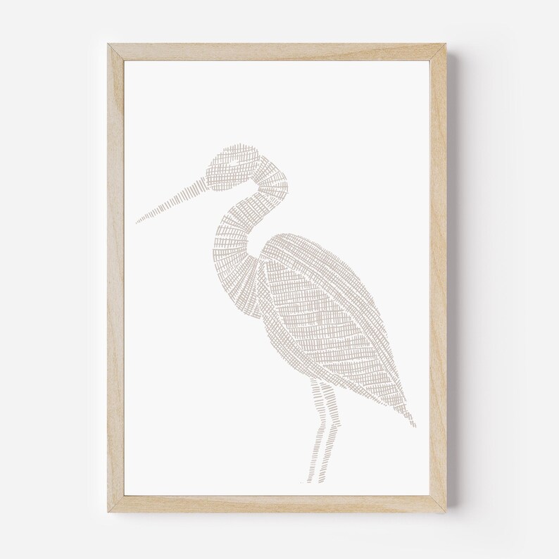 May include: A framed print of a stylized heron in a light brown color. The heron is outlined with a series of thin lines that create a textured effect.