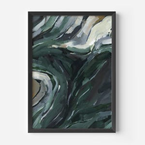 May include: Abstract painting with swirling green, blue, and white paint strokes. The painting is framed in a black frame.