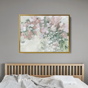 Art abstrait rose | Décoration florale rose et vert sauge pour oeuvre d'art botanique de pépinière de ferme moderne | « Rose Drizzle » – Impression d'art ou toile