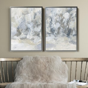 Abstract Landscape Painting | Snowy Winter Gray and White Decor for Ski Lodge Diptych | &quot;Snow Drift&quot; - Set of 2 Art Prints or Canvases