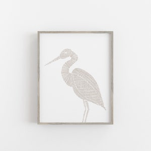 Coastal Bird Artwork Modern Beach House Neutral Decor Minimalist Seaside Cottage Wall Art | "Woven Heron Illustration" - Art Print or Canvas