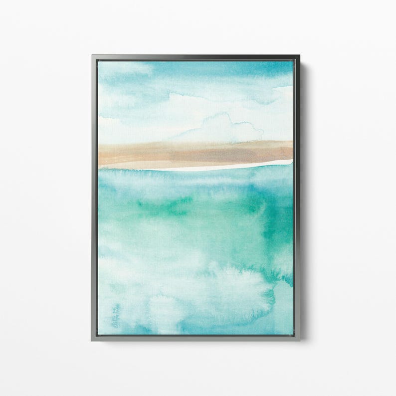 May include: Abstract watercolor painting of a seascape with shades of blue, green, and brown. The painting depicts a horizon with a band of brown sand and a vast expanse of water.