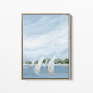 Sailboat Landscape Art | Coastal Seascape in Blue & Green for Light Neutral Bathroom Decor | &quot;An Inlet Sail&quot; - Art Print or Canvas