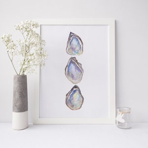 Oyster Watercolor Print Pearl Southern Seaside Coastal Decor Beach House Gulf Wall Art | "Watercolor Oyster Trio"  - Art Print or Canvas