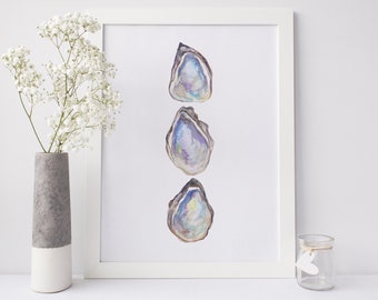 Oyster Watercolor Print Pearl Southern Seaside Coastal Decor Beach House Gulf Wall Art | "Watercolor Oyster Trio"  - Art Print or Canvas