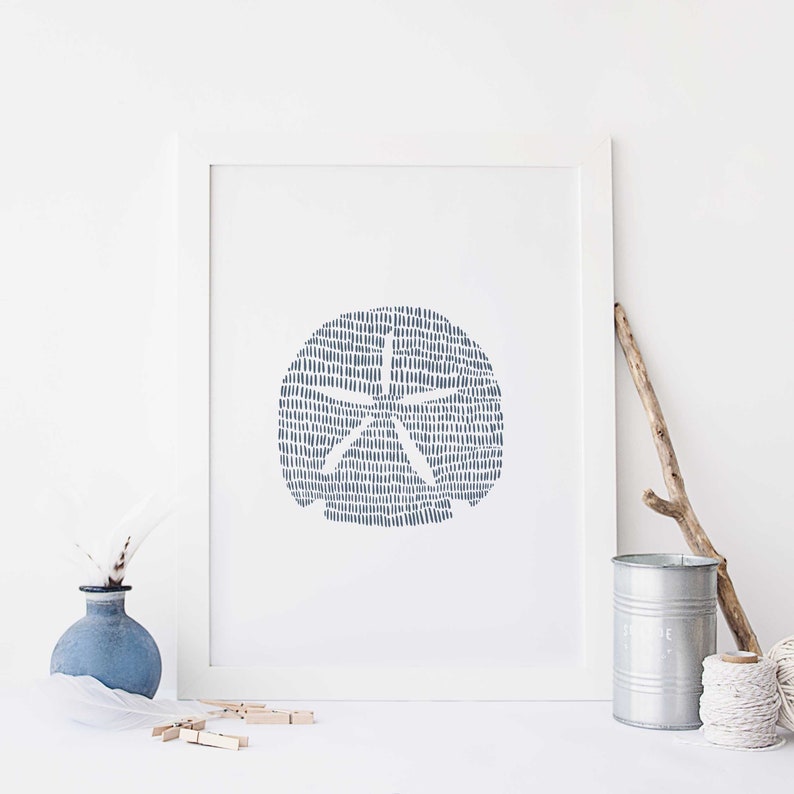 Modern Coastal Decor | Sand Dollar Art Print, Blue and White Minimalist Beach Artwork for Bathroom or Bedroom | "Minimalist Sand Dollar" image 4
