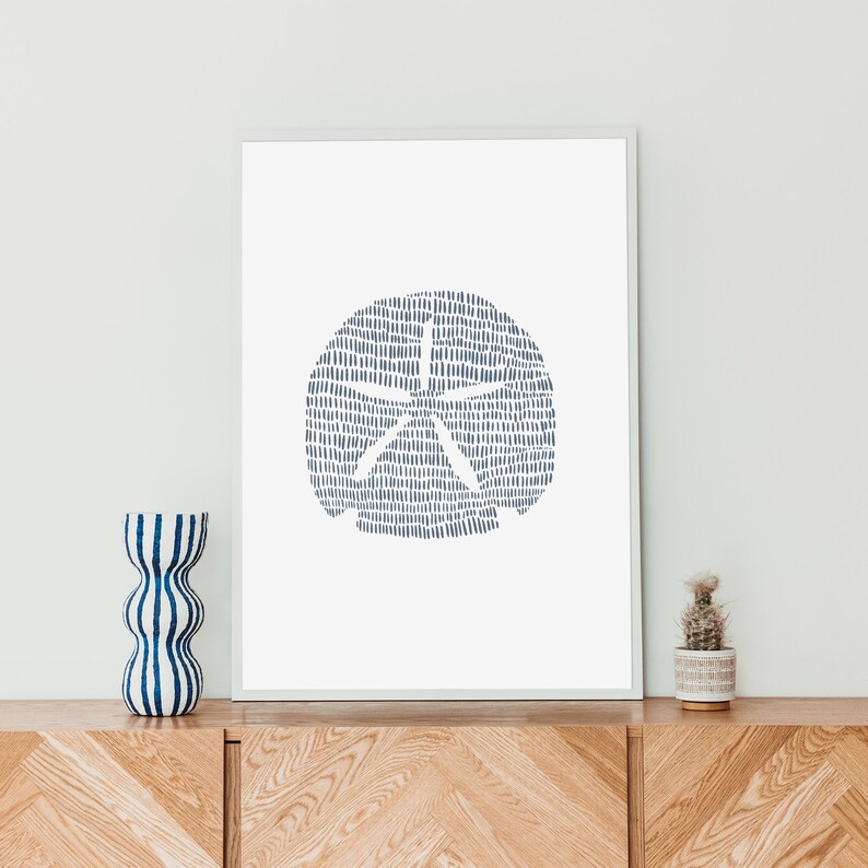 Modern Coastal Decor | Sand Dollar Art Print, Blue and White Minimalist Beach Artwork for Bathroom or Bedroom | "Minimalist Sand Dollar" image 8