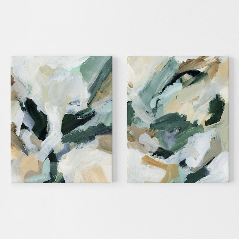 Abstract Painting Green and Beige Modern Contemporary Diptych Artwork Contemporary Greens Set of 2 Art Prints or Canvases image 3
