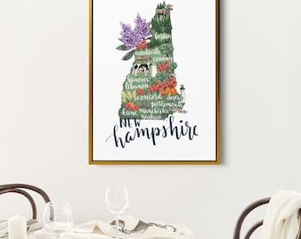 New Hampshire Art Map Poster | Home State Illustration NH Wall Art Gift | Print or Canvas