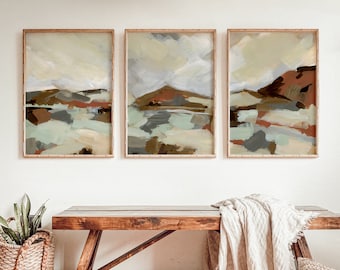 Desert Wall Art | Southwestern Landscape Painting Triptych, Modern Arizona Decor | "Desert Sagebrush Vista" - Set of 3 Art Prints or Canvas