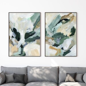 Abstract Painting Green and Beige Modern Contemporary Diptych Artwork
