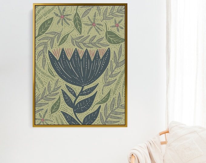 Whimsical Bohemian Floral Illustration | Green and Blue Boho Scandinavian Inspired Wall Art | "Whimsical Wildflower" – Art Print or Canvas