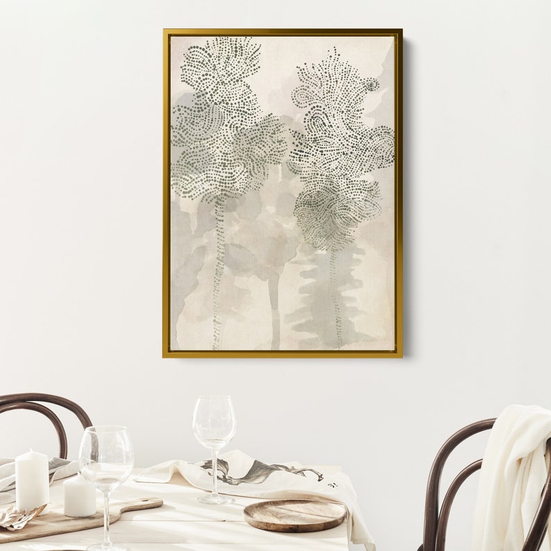 May include: A framed abstract art print with a beige background and two stylized trees in shades of green and gray.