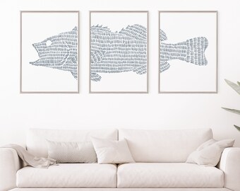 Large Mouth Bass Art Modern Lake House Decor Fishing Gift Fisherman Triptych | "Largemouth Bass Lake Fish" - Set of 3 Prints or Canvases