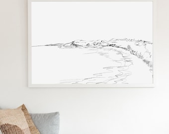 May include: A black and white line drawing of a coastal landscape with a mountain range in the background and a winding shoreline in the foreground.