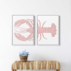 Lobster Print | Red & White Modern Nautical Decor Beach Art for New England Maine Diptych | &quot;Red Lobster&quot; - Set of 2 - Art Prints or Canvas