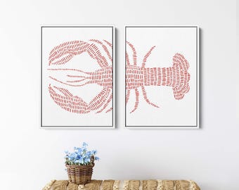May include: Two framed prints of red lobster illustrations on a white background. The lobsters are stylized and made up of red dashes. The prints are hanging on a white wall above a brown fringed bench.