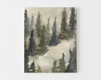 Misty Tree Line Art Modern Forest Trees Watercolor Painting Fog Wall Art | "Forest Watercolor Landscape, No. 3" - Art Print or Canvas