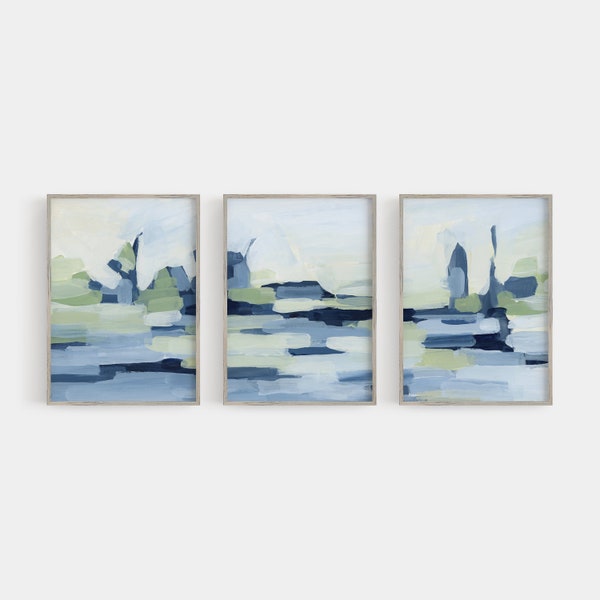 Abstract Landscape Painting Lake Decor Lake Painting Modern Triptych Wall Art | "The Rippled Lakeside" - Set of 3  - Art Prints or Canvases