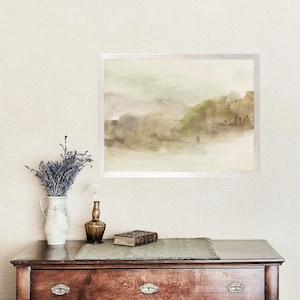 Abstract Landscape Art | Minimalist Neutral Farmhouse Artwork of Lake and River Watercolor Painting | &quot;Misted Morning&quot; – Art Print or Canvas