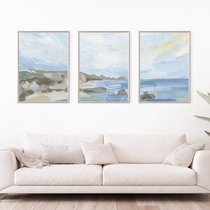 Beach Landscape Painting Set Seascape Artwork Statement Beach House Triptych Coastline in the Morning Set of 3 Art Print or Canvases image 4