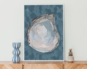 May include: A framed abstract painting of a large, light gray oyster shell with pink and gray brushstrokes on a blue background.