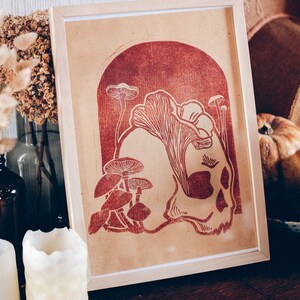 Skull and Mushrooms - A4 linocut print bronze ink