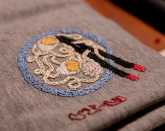 Organic cotton t-shirt with hand-embroidered ramen design // Handmade embroidered ramen t-shirt